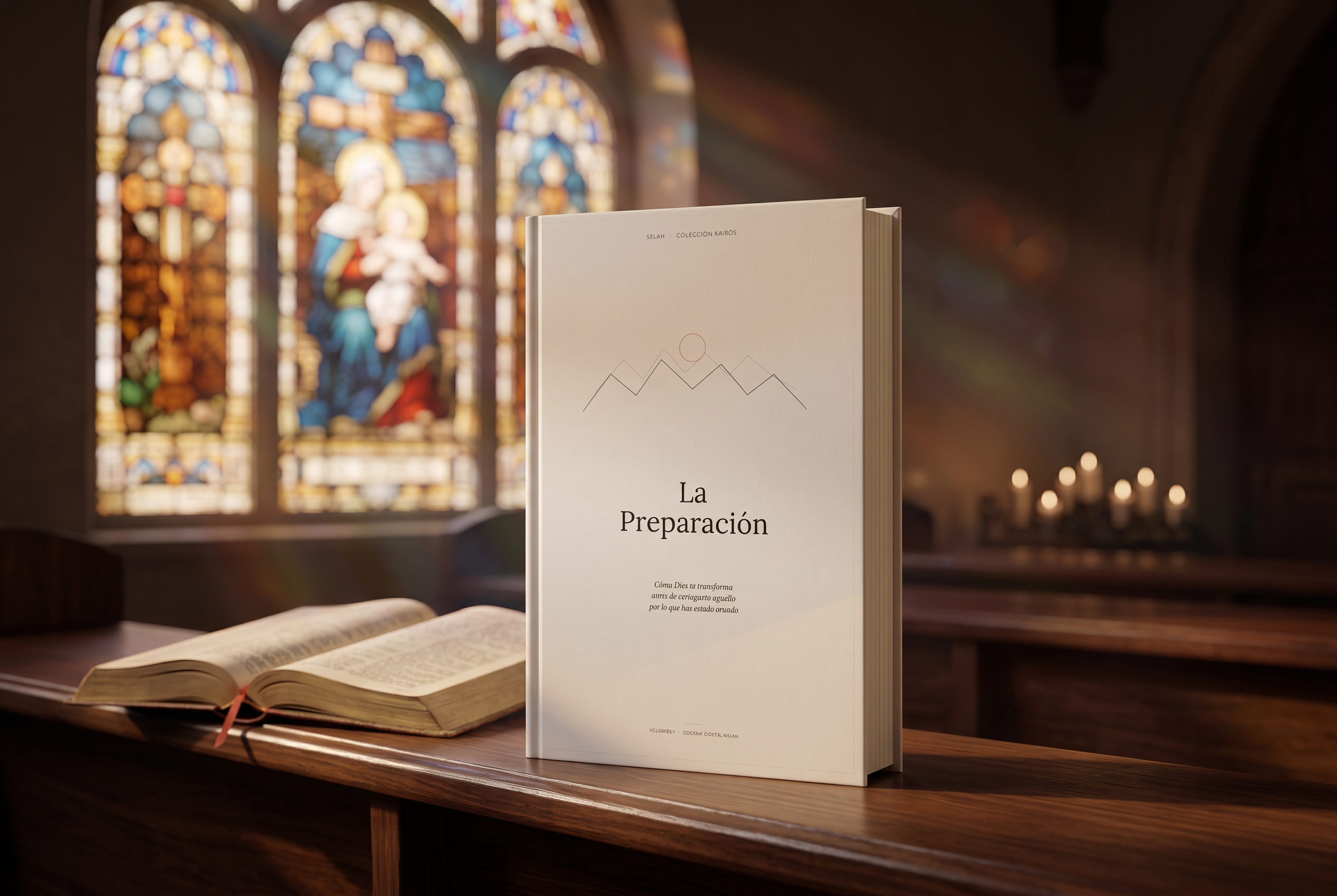 La Preparación, libro digital, sobre un banco de iglesia con luz cálida de vitrales