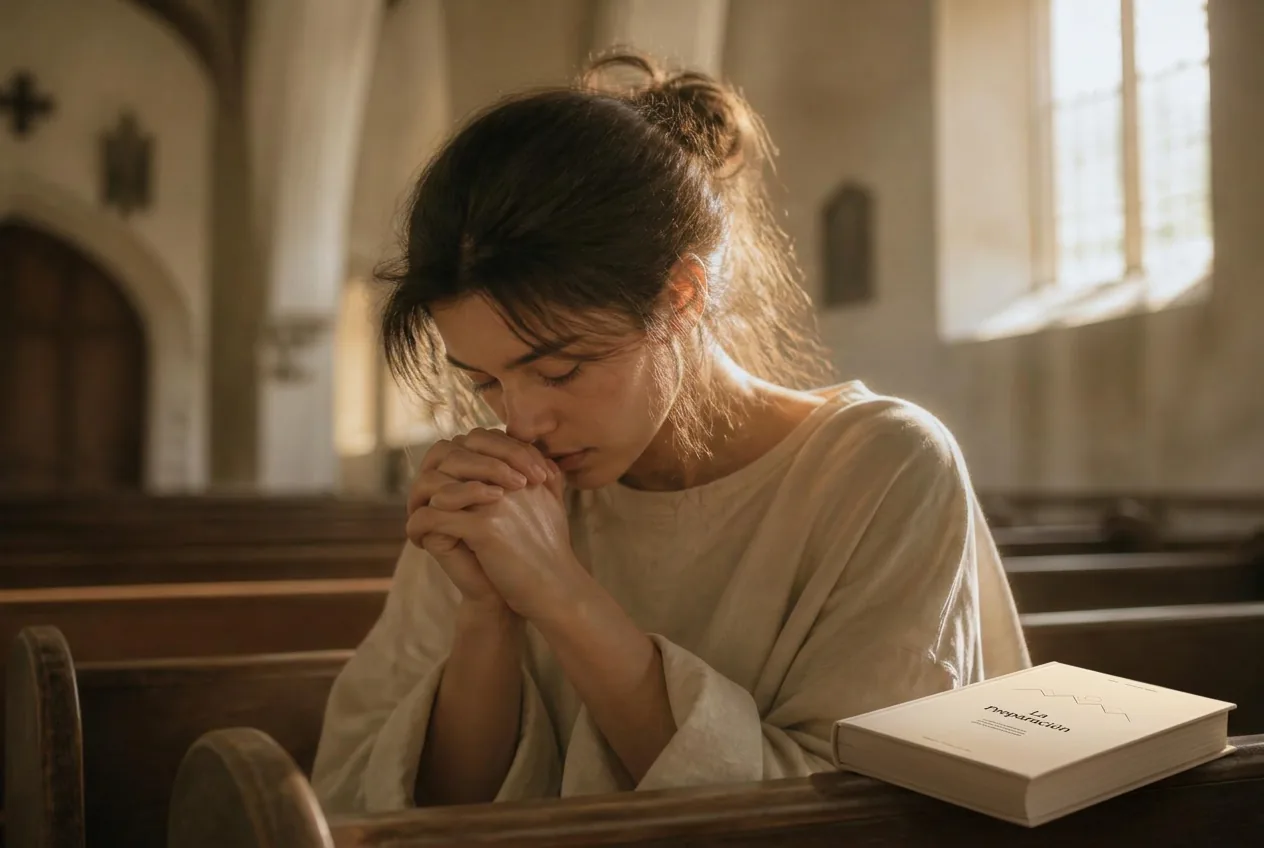 Mujer en oración en silencio, con el libro La Preparación sobre el banco de madera
