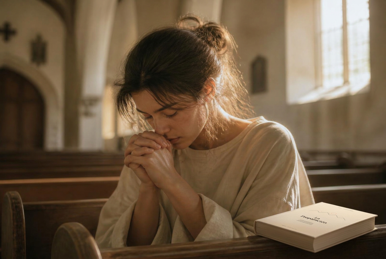 Mujer en oración en silencio, con el libro La Preparación sobre el banco de madera